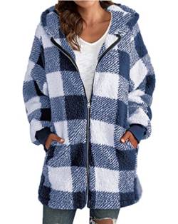 Minetom Damen Plüschjacke Kariert Gefütterte Fleece Jacke Winterjacke Plaid Mantel Reißverschluss Herbst Winter Warme Outwear Mit Kapuze Taschen Hoodie A Blau L von Minetom