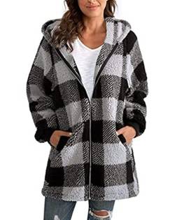 Minetom Damen Plüschjacke Kariert Gefütterte Fleece Jacke Winterjacke Plaid Mantel Reißverschluss Herbst Winter Warme Outwear Mit Kapuze Taschen Hoodie A Grau L von Minetom