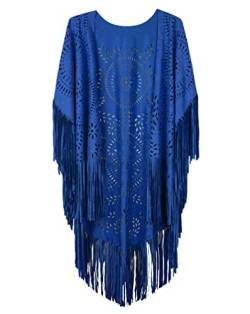 Minetom Damen Poncho Capes Vintage Offene Front Wildleder Cardigan Sommer Boho Quaste Strand Cover Up Schal Jacke Mantel Dunkelblau Einheitsgröße von Minetom