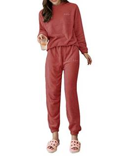 Minetom Damen Pyjama Fleece Set Lang Nachtwäsche Winter Warm Hausanzug Zweiteiliger Schlafanzug Langarm Shirt und Pyjamahose A Rot 40 von Minetom