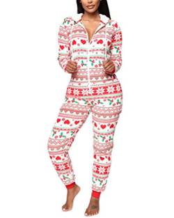Minetom Damen Pyjama Mit Kapuze Jumpsuit Kuschelig Einteiler Schlafanzug Drucken Overall Weihnachten Schlafanzug Lang Weihnachtspyjama Hausanzug Freizeitanzug B Weiß XL von Minetom