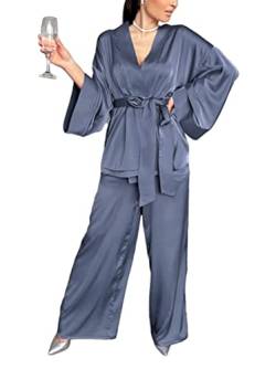 Minetom Damen Pyjama Set Langarm Nachtwäsche Satin Zweiteiliger Nachthemd Kimono Schlafanzug mit Gürtel Oberteile und Hose A Blau S von Minetom