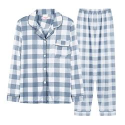 Minetom Damen Pyjama Set Schlafanzug Kariert mit Knopfleiste und Hemdkragen Zweiteiliges Nachtwäsche Leicht Langarm Shirt und Hosen Stil Y02 36 von Minetom