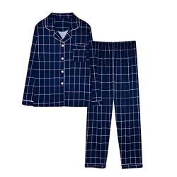 Minetom Damen Pyjama Set Schlafanzug Kariert mit Knopfleiste und Hemdkragen Zweiteiliges Nachtwäsche Leicht Langarm Shirt und Hosen Stil Y06 40 von Minetom