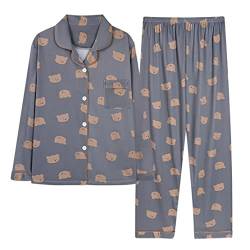 Minetom Damen Pyjama Set Schlafanzug Kariert mit Knopfleiste und Hemdkragen Zweiteiliges Nachtwäsche Leicht Langarm Shirt und Hosen Stil Y10 38 von Minetom