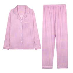 Minetom Damen Pyjama Set Schlafanzug Kariert mit Knopfleiste und Hemdkragen Zweiteiliges Nachtwäsche Leicht Langarm Shirt und Hosen Stil Y18 42 von Minetom