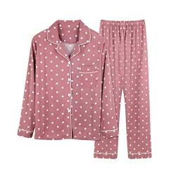 Minetom Damen Pyjama Set Schlafanzug Polka Dots mit Knopfleiste und Hemdkragen Zweiteiliges Nachtwäsche Leicht Langarm Shirt und Hosen Stil C 42 von Minetom