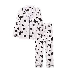 Minetom Damen Pyjama Set Schlafanzug mit Knopfleiste und Hemdkragen Zweiteiliges Nachtwäsche Leicht Langarm Shirt und Hosen Stil H 42 von Minetom