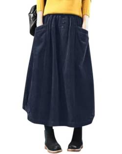 Minetom Damen Rock Herbst Winter Cord Rock Frauen Vintage Midi Lange Röcke Kordsamt Freizeitrock Midirock Elastische Taille A-Linie Skirt Faltenrock mit Taschen A Blau 3XL von Minetom