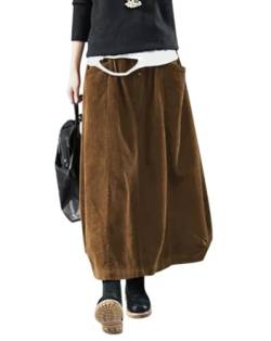 Minetom Damen Rock Herbst Winter Cord Rock Frauen Vintage Midi Lange Röcke Kordsamt Freizeitrock Midirock Elastische Taille A-Linie Skirt Faltenrock mit Taschen A Braun XL von Minetom