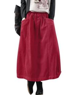 Minetom Damen Rock Herbst Winter Cord Rock Frauen Vintage Midi Lange Röcke Kordsamt Freizeitrock Midirock Elastische Taille A-Linie Skirt Faltenrock mit Taschen A Rot 3XL von Minetom