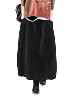 Minetom Damen Rock Herbst Winter Cord Rock Frauen Vintage Midi Lange Röcke Kordsamt Freizeitrock Midirock Elastische Taille A-Linie Skirt Faltenrock mit Taschen A Schwarz L von Minetom