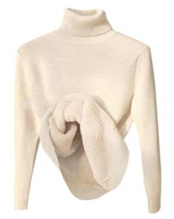 Minetom Damen Rollkragenpullover Herbst Winter Strickpullover Casual Langarm Innenfleece Thermo Oberteil Grobstrick Pulli Weich Warm Basic Pullover Tops A Beige L von Minetom