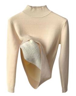 Minetom Damen Rollkragenpullover Herbst Winter Strickpullover Casual Langarm Innenfleece Thermo Oberteil Grobstrick Pulli Weich Warm Basic Pullover Tops B Beige M von Minetom