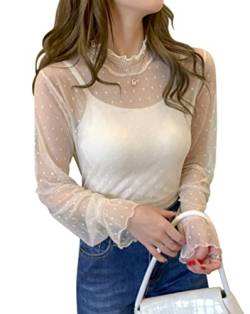 Minetom Damen Sexy Mesh Spitze Oberteile Langarm Durchsichtige T-Shirt Rollkragen Transparent Tüll Hemd Shirt Casual Bluse Top D Beige XS von Minetom