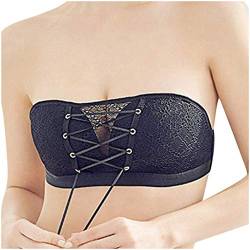 Minetom Damen Sexy Spitzen-BH Bandeau Unsichtbares Spitze Kordeln Bralette Lift Bustier Zusammenziehbarer Kordelzug Trägerloser BH Ohne Stahlring Bra Z1 Schwarz 80C von Minetom