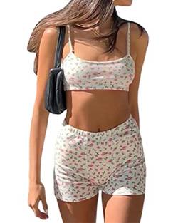 Minetom Damen Sexy Strickoverall Langarm Y2K Blumen Bedruckter Bodysuit Jumpsuits Playsuit Streetwear Schlafanzug Ärmellos Pyjama Set Sleepwear Zweiteilige Nachthemd Mit Shorts G Rosa M von Minetom