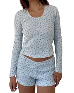 Minetom Damen Sexy Strickoverall Langarm Y2K Blumen Bedruckter Bodysuit Jumpsuits Playsuit Streetwear Schlafanzug Ärmellos Pyjama Set Sleepwear Zweiteilige Nachthemd Mit Shorts J Hellblau M von Minetom