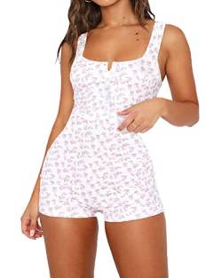 Minetom Damen Sexy Strickoverall Langarm Y2K Blumen Bedruckter Bodysuit Jumpsuits Playsuit Streetwear Schlafanzug Ärmellos Pyjama Set Sleepwear Zweiteilige Nachthemd Mit Shorts O Rosa XS von Minetom