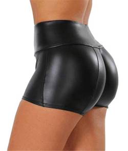 Minetom Damen Shorts Kunstleder Hotpants Fitness Shorts Kurze Leggings Yogahose Sporthose Laufshorts Sexy Pu Leder Kurze Hosen E Schwarz Medium von Minetom