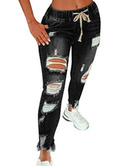 Minetom Damen Skinny Stretch Jeans mit Risse Destroyed Look High Waist Jeanshose Röhrenjeans Skinny Slim Fit Stretch Boyfriend Jeans A Schwarz L von Minetom