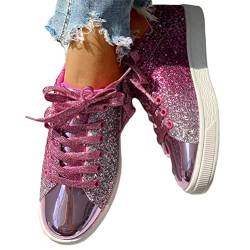 Minetom Damen Sneakers Pailletten Flache Low Sneaker Atmungsaktiv Glitzer Turnschuhe Outdoor Sportschuhe Laufschuhe Schuhe Schnürsenkel Walkingschuhe C Rosa 40 EU von Minetom