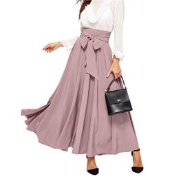 Minetom Damen Sommer Hohe Taille Maxirock Langer A-Linie Swing Rock Bogen Chiffonrock Einfarbige Faltenrock Maxi Skirt A Rosa XL von Minetom