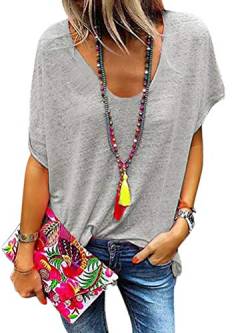 Minetom Damen Sommer Kurzarm Blusen T-Shirt V-Ausschnitte Loose Oversize Shirt Oberteile Chic Top Grau DE 50 von Minetom