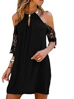 Minetom Damen Sommerkleid Lose Spitze Kleider Rundkragen Neckholder Strandkleid Schulterfrei 3/4-Arm Shirt MiniKleid A Schwarz 42 von Minetom