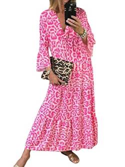 Minetom Damen Sommerkleid V-Ausschnitt Freizeit Maxikleid 3/4 Ärmel Druck Swing Strandkleid Lang A Rosa 44 von Minetom