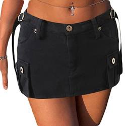 Minetom Damen Sommerrock Retro Cargo Rock Jeansrock Enger Minirock Mit Tasche Hüftrock A-Linie Rock Y2K Niedriger Taille Mini Rock C Schwarz S von Minetom