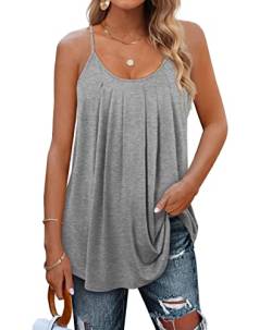 Minetom Damen Spaghetti Top Sommer Locker Tunika Ärmellose Oberteile Spaghettiträger Tank Tops Plissierte Vorderseite Ohne Ärmel Elegant Lose T-Shirt Bluse mit Plissee B Grau 3XL von Minetom