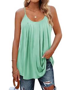 Minetom Damen Spaghetti Top Sommer Locker Tunika Ärmellose Oberteile Spaghettiträger Tank Tops Plissierte Vorderseite Ohne Ärmel Elegant Lose T-Shirt Bluse mit Plissee B Hellgrün L von Minetom