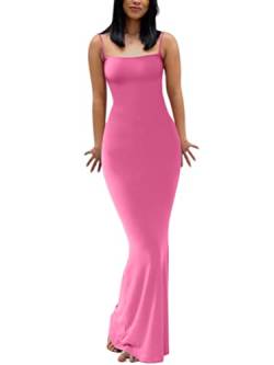 Minetom Damen Spaghetti-Träger Ärmellos Langes Kleid Einfarbig Figurbetont Fischschwanzkleid Sexy Square Neck Langarm Bodycon Maxikleider Party Abend Clubwear A Rosa L von Minetom