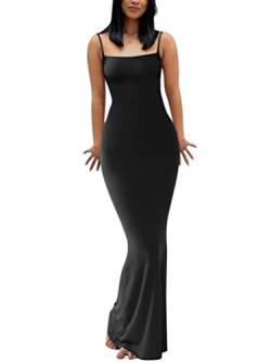 Minetom Damen Spaghetti-Träger Ärmellos Langes Kleid Einfarbig Figurbetont Fischschwanzkleid Sexy Square Neck Langarm Bodycon Maxikleider Party Abend Clubwear A Schwarz S von Minetom