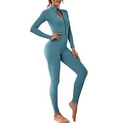 Minetom Damen Sport Jumpsuit Overall Langarm V-Ausschnitt Playsuits mit Reißverschluss Sexy Eng Yoga Bodysuit Stretch Trainingsanzug Fitness Jogging Sportanzug Onesie Slim Fit A Blau XL von Minetom