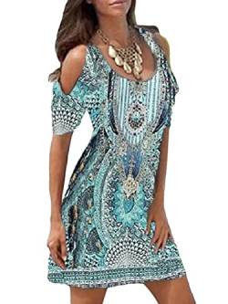 Minetom Damen Strandkleid Boho Mini Tunika Sommerkleid V-Ausschnitt Blumenkleid Loose T-Shirt Kleid Floral Minikleid Sommerkleider E Grün S von Minetom