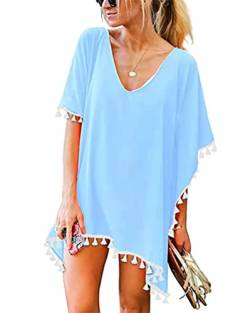 Minetom Damen Strandkleid Quaste Sommerkleid Piscine Maillots de Bain Bikini Cover Up Bademode Longshirt Tunika Sommer Strandponcho Strand D Hellblau Einheitsgröße von Minetom