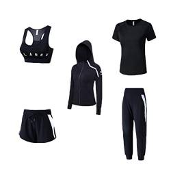 Minetom Damen Streatwear Trainingsanzüge 5-Teiliges Yoga Sportswear Damenanzug Frauen Sportanzug Trainingsanzug Bekleidungsset Sport Sweat Suit Set Outfit Jogginganzug C Schwarz XXL von Minetom