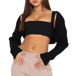 Minetom Damen Strickbolero Langarm Strickjacke Festlich Bolero Strick Cardigan Kurzer Open Front Shrug Top Schulterjacke Kurz A Schwarz L von Minetom