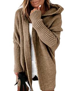 Minetom Damen Strickjacke Frauen Cardigan Kapuzenpullover Lose Warm Herbst Winter Lang Strickcardigan Jacke Mantel mit Kapuze Khaki M von Minetom