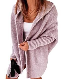 Minetom Damen Strickjacke Frauen Cardigan Kapuzenpullover Lose Warm Herbst Winter Lang Strickcardigan Jacke Mantel mit Kapuze Violett XS von Minetom