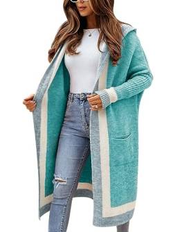 Minetom Damen Strickjacke Frauen Lang Cardigan Kapuzenpullover Strickmantel Lose Warm Herbst Winter Strickcardigan Jacke Mantel mit Kapuze B Grün XL von Minetom