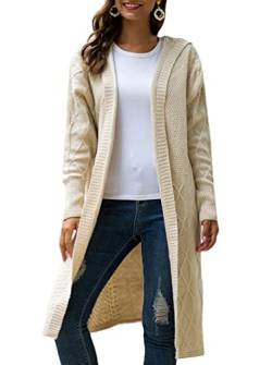 Minetom Damen Strickjacke Lang Einfarbig Langarm Strickcardigan Kapuzenpullover Herbst Winter Offen Jacke Mantel Cardigan mit Kapuze B Beige XS von Minetom