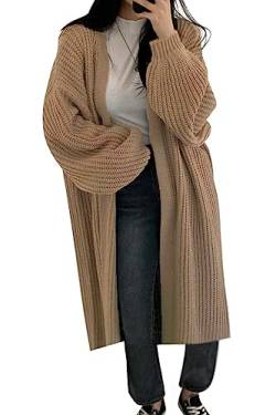 Minetom Damen Strickjacke Pullover Cardigan Langarm Oversize Frühling Winter Herbst Cardigan Lang Mantel Grobstrick Strickmantel D Khaki Einheitsgröße von Minetom