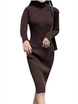 Minetom Damen Strickkleid Rollkragen Herbst Winter Sexy Langarm Midi Kleid Pulli Langes Kleid Slim Pulloverkleid Bodycon Warm Wickelkleid D Braun M von Minetom