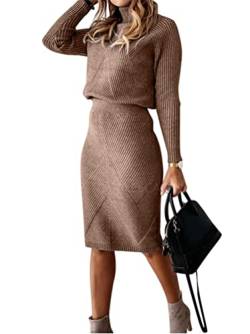 Minetom Damen Strickkleid Zweiteiliger Anzug Rollkragen Pullover Oberteil und Strickrock Bleistiftrock Elastische Knielang Bodycon 2 Stück Set Pulloverkleid A Braun XL von Minetom