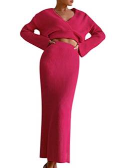 Minetom Damen Strickkleid Zweiteiliger Anzug V-Ausschnitt Pullover Oberteil und Strickrock Bleistiftrock Midi Röcke 2 Stück Set Pulloverkleid B Rot M von Minetom