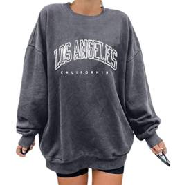 Minetom Damen Sweatshirt ohne Kapuze Los Angeles Vintage Drucken Oversized Langarmshirt Rundhals Pullover Tops Teenager Mädchen Lockerer Oberteile Hip Hop Top Casual Mode Brief Print Shirt A Grau M von Minetom