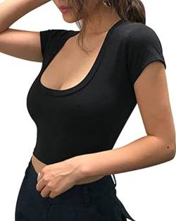 Minetom Damen T-Shirt Kurzarm U-Ausschnitt Sexy Sommer Oberteile Wickelbluse Einfarbig Schlank Hemd Oberteile Bauchfrei Crop Tops B Schwarz S von Minetom